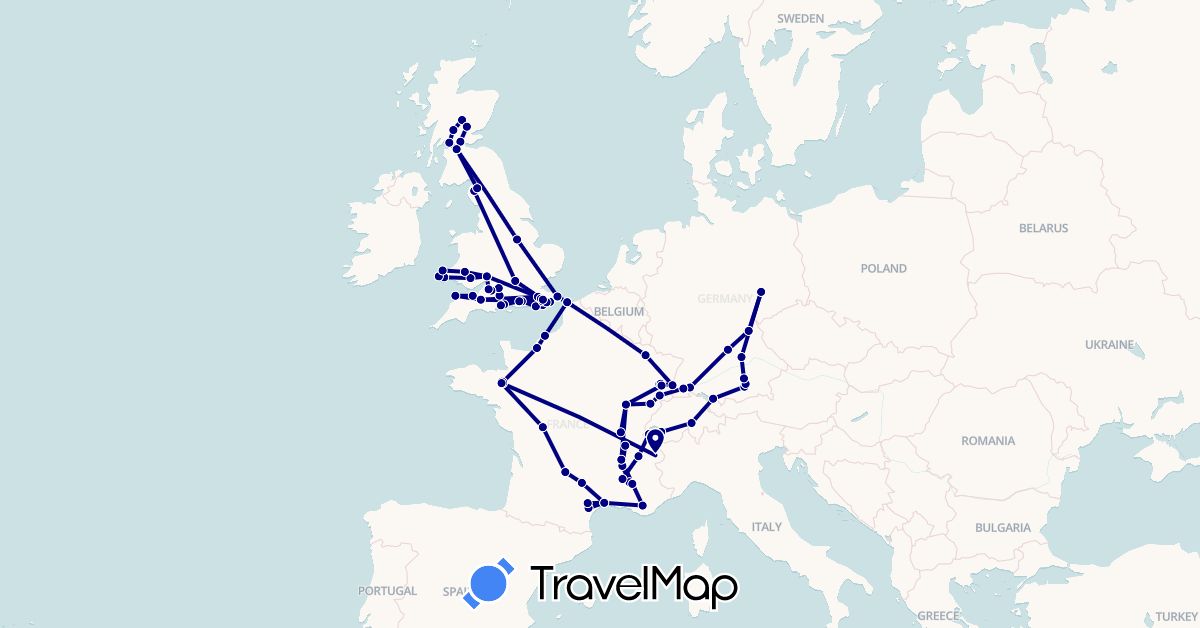 TravelMap itinerary: driving, boat in Austria, Switzerland, Germany, France, United Kingdom (Europe)
